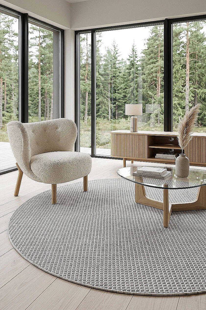 Divan Şönil Pamuklu Tek Renk Desensiz Kilim Yuvarlak Halı Hr-5841 Açık Gri - 1