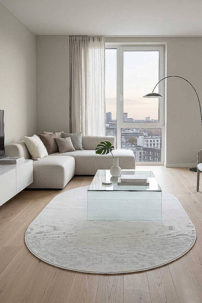 Düz Renk Çizgili Nar Yumuşak Dokulu Akrilik Oval Halı Nr01 Kemik - 1