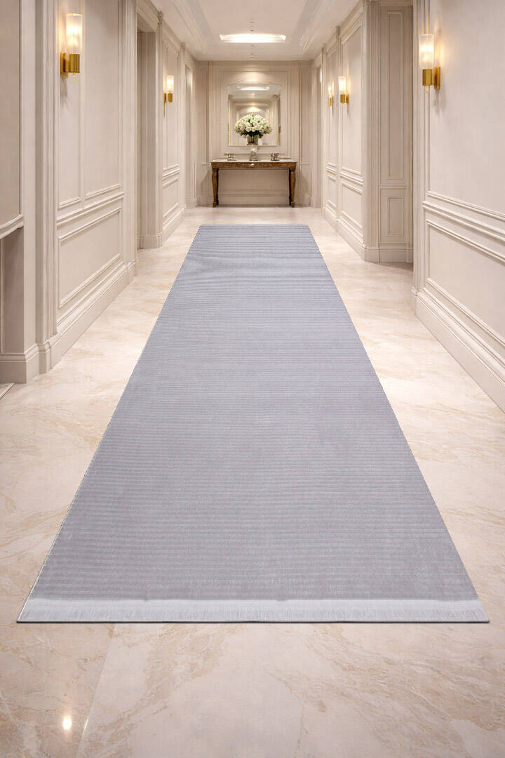 Düz Renk Çizgili Nar Yumuşak Dokulu Akrilik Yolluk Özel Ölçü Kesme Halı Nr01 Gri - 1