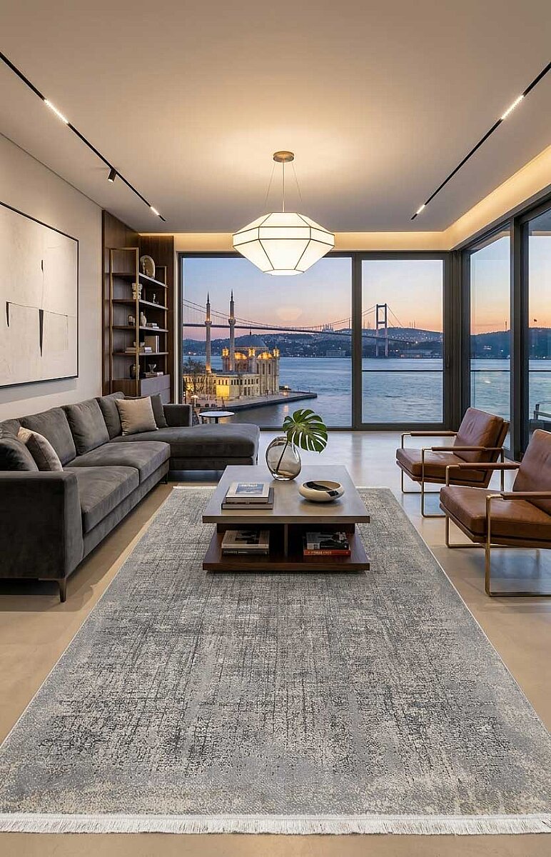 Eskitme Modern Miranda Terapi Desenli Yolluk Özel Ölçü Kesme Halı Mr08 Mavi - Frenda