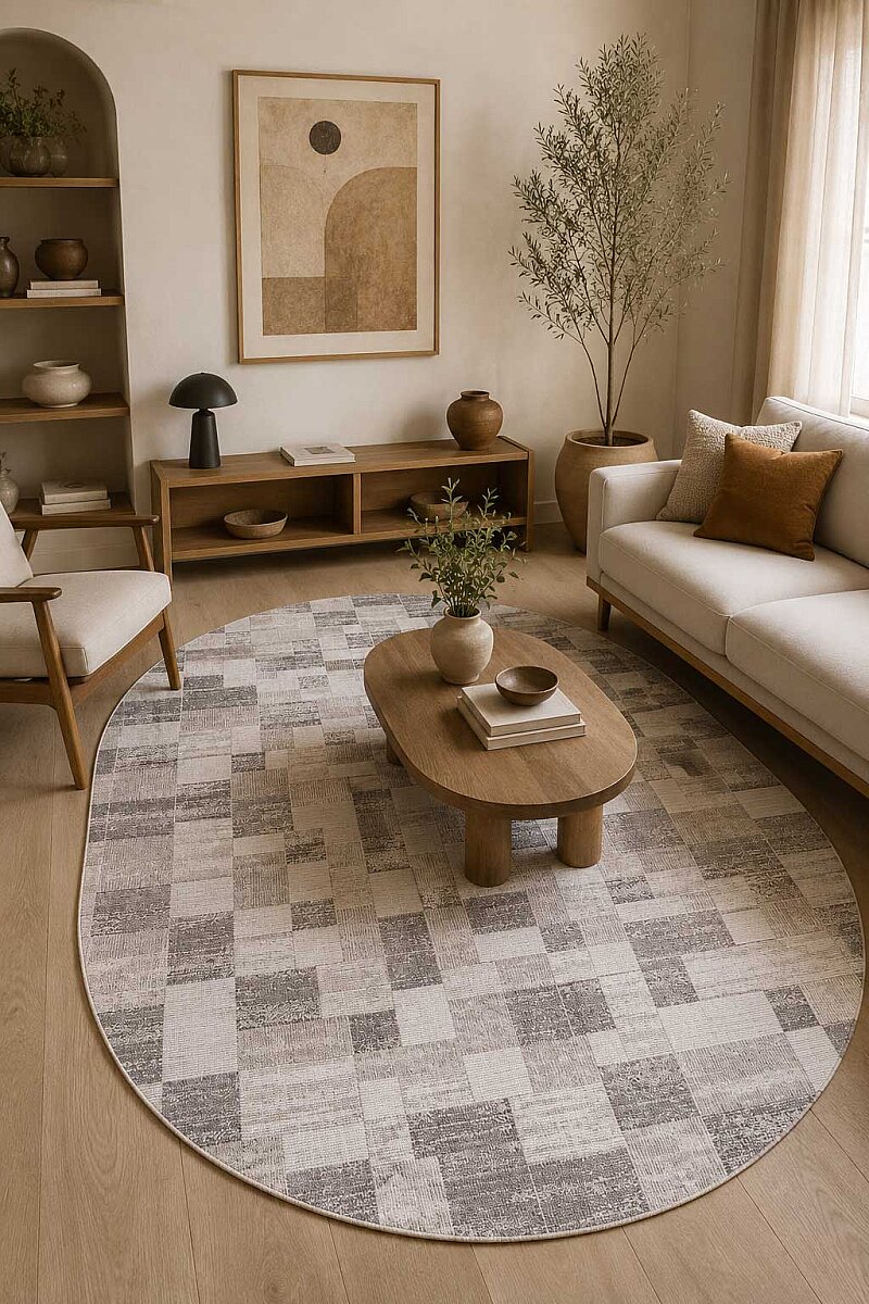Etnik Craft Madre Modern Desenli Oval Halı Md05 Bej 