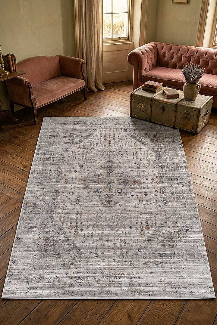 Etnik Desen Baskılı Vintage Eskitme Görünümlü Yıkanabilir Halı Bej - Frenda