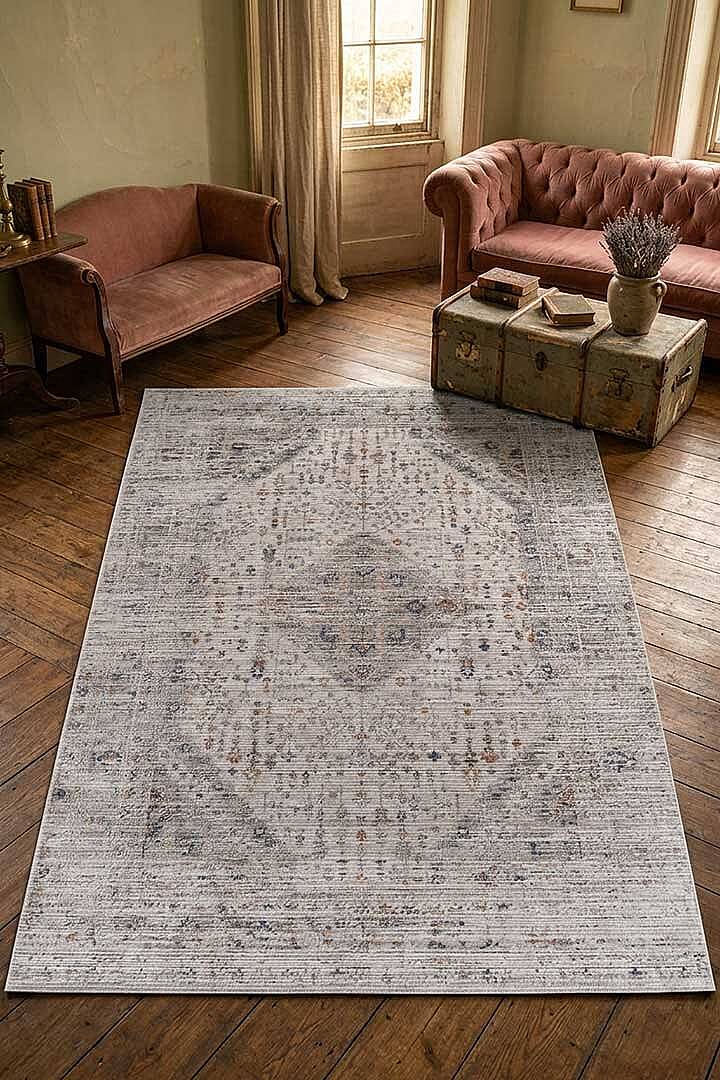Etnik Desen Baskılı Vintage Eskitme Görünümlü Yıkanabilir Halı Bej - 1