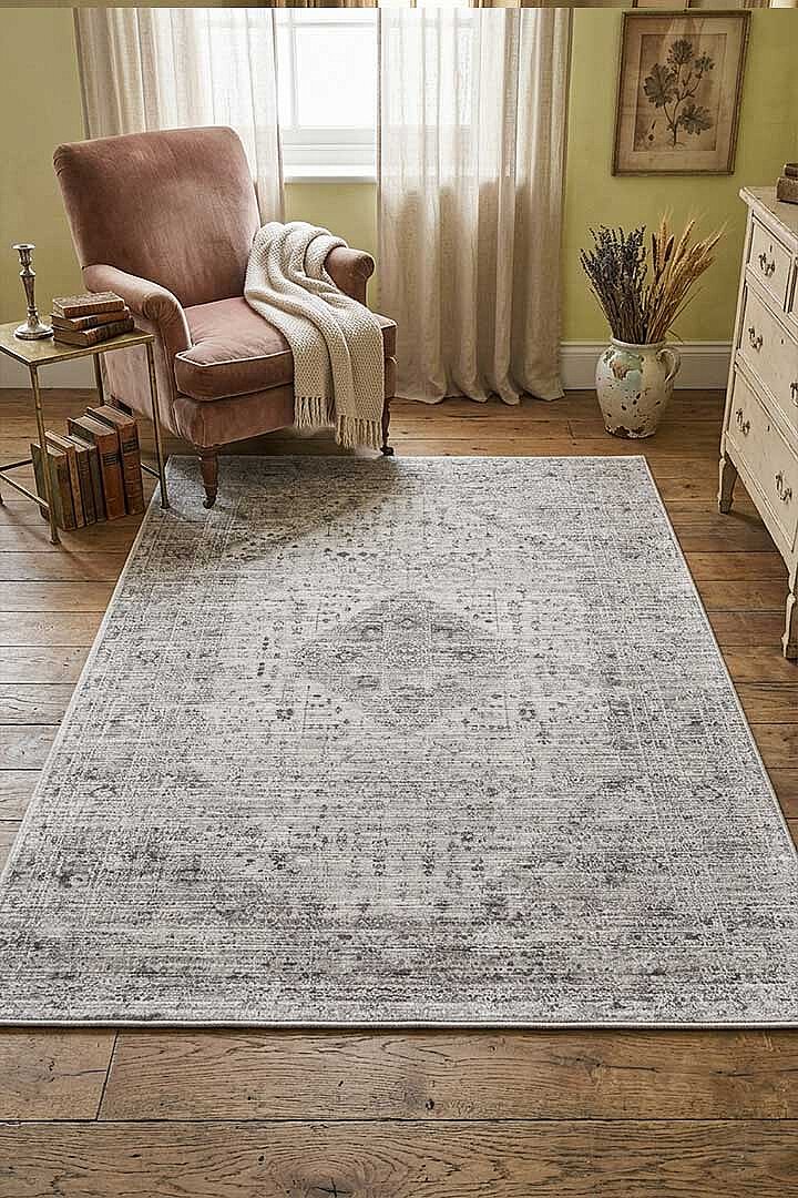 Etnik Desen Baskılı Vintage Eskitme Görünümlü Yıkanabilir Halı Gri - Frenda