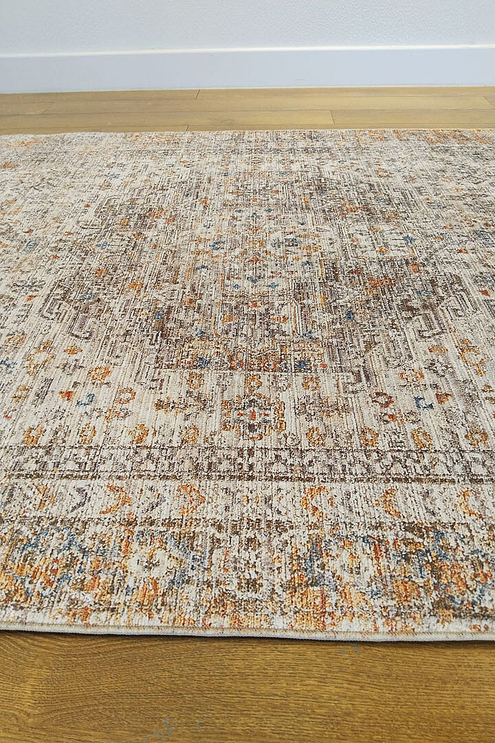 Etnik Desen Baskılı Vintage Eskitme Görünümlü Yıkanabilir Halı Kahve-Turuncu - 5