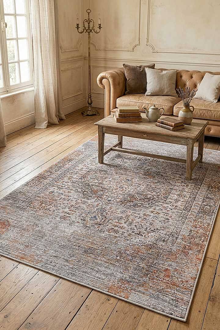 Etnik Desen Baskılı Vintage Eskitme Görünümlü Yıkanabilir Halı Kahve-Turuncu - 1