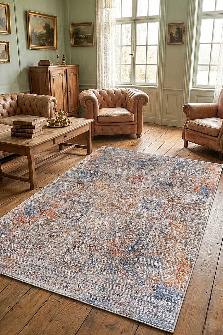 Etnik Desen Baskılı Vintage Eskitme Görünümlü Yıkanabilir Halı Mavi-Turuncu - Frenda