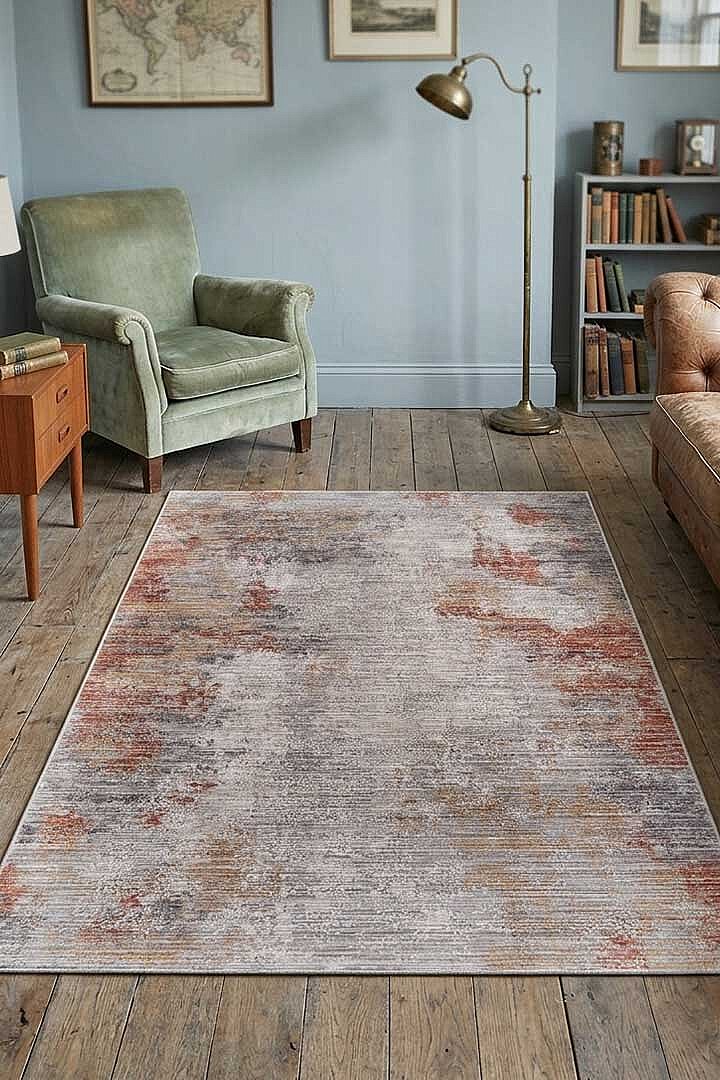 Etnik Desen Baskılı Vintage Eskitme Görünümlü Yıkanabilir Halı Turuncu - Frenda