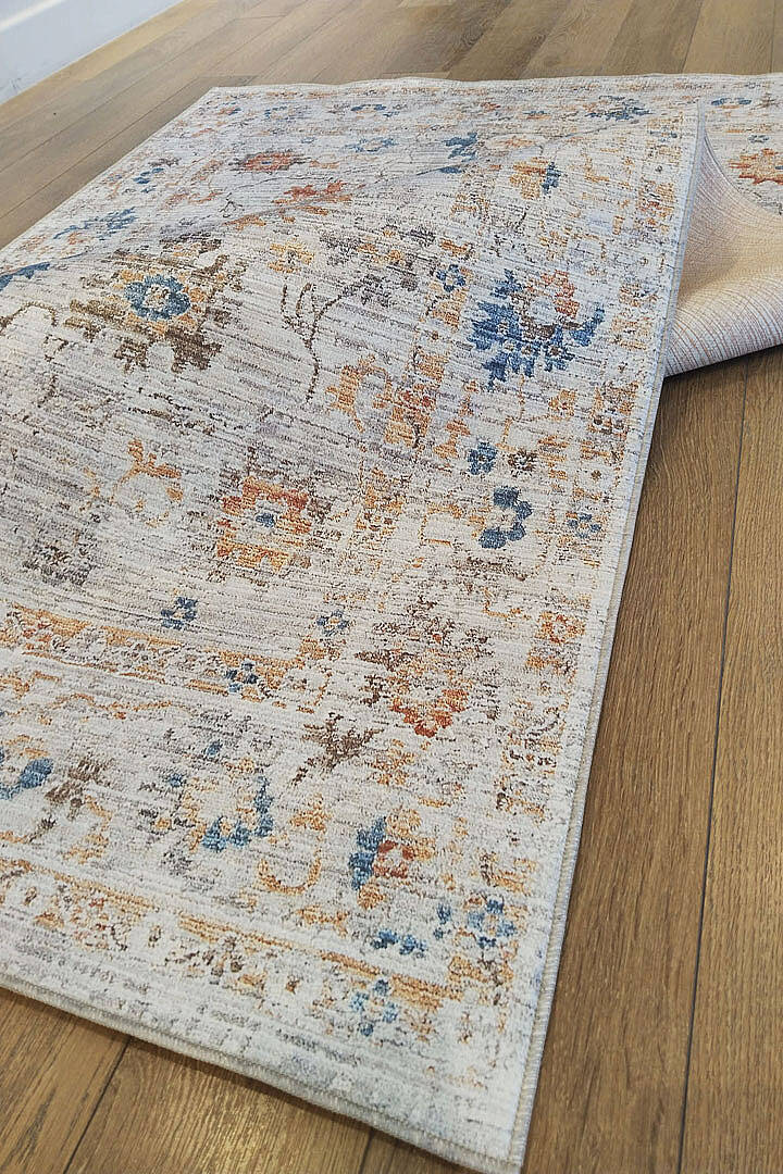 Etnik Desen Baskılı Vintage Eskitme Görünümlü Yıkanabilir Halı Turuncu-Mavi - 6