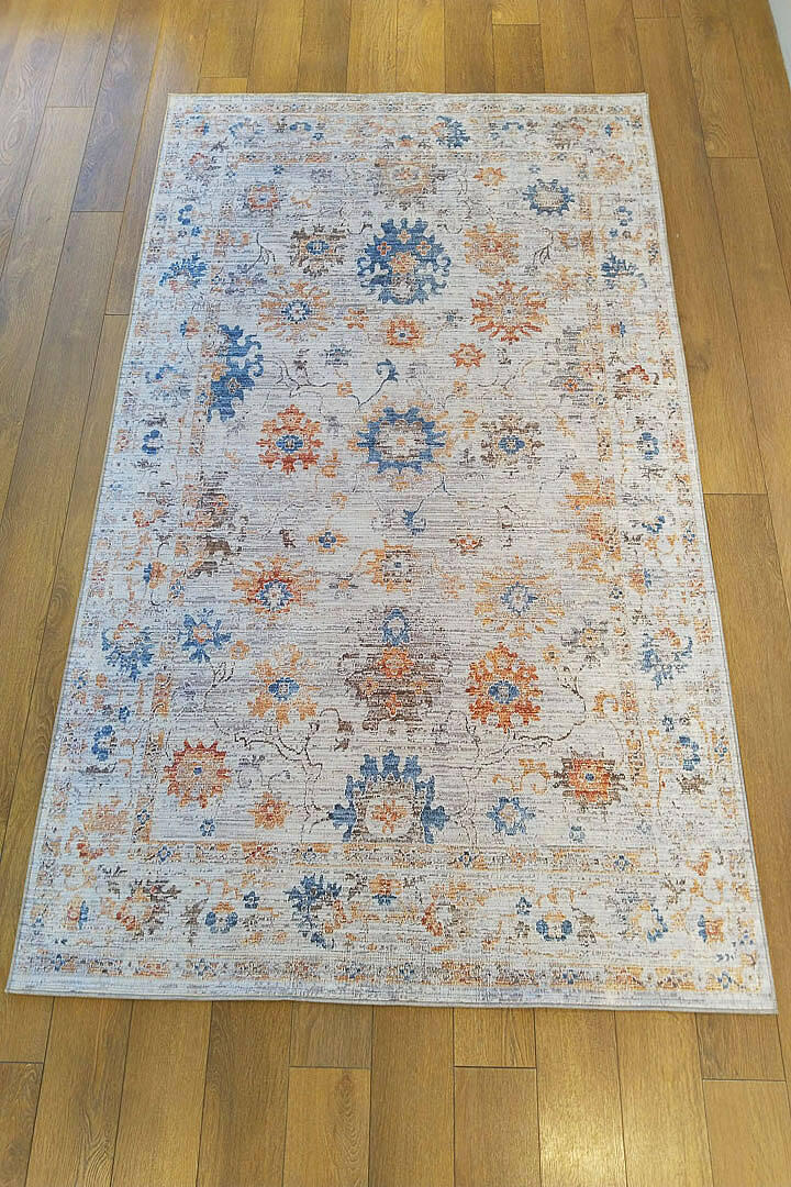 Etnik Desen Baskılı Vintage Eskitme Görünümlü Yıkanabilir Halı Turuncu-Mavi - 3