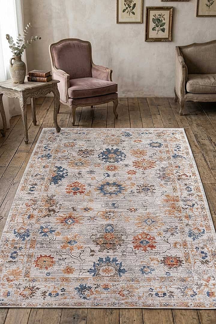 Etnik Desen Baskılı Vintage Eskitme Görünümlü Yıkanabilir Halı Turuncu-Mavi - Frenda