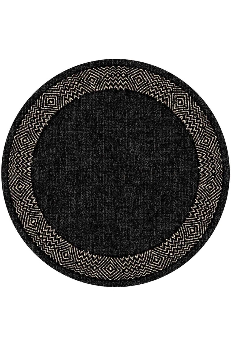 Etnik Desenli Kaymaz Taban Dijital Baskılı Siyah Yuvarlak Halı - Frenda