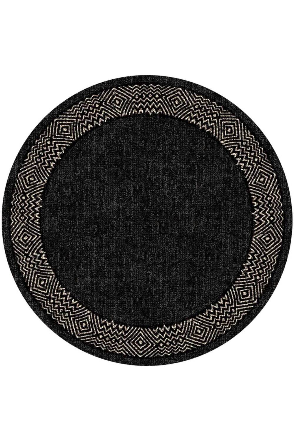 Etnik Desenli Kaymaz Taban Dijital Baskılı Siyah Yuvarlak Halı - 1