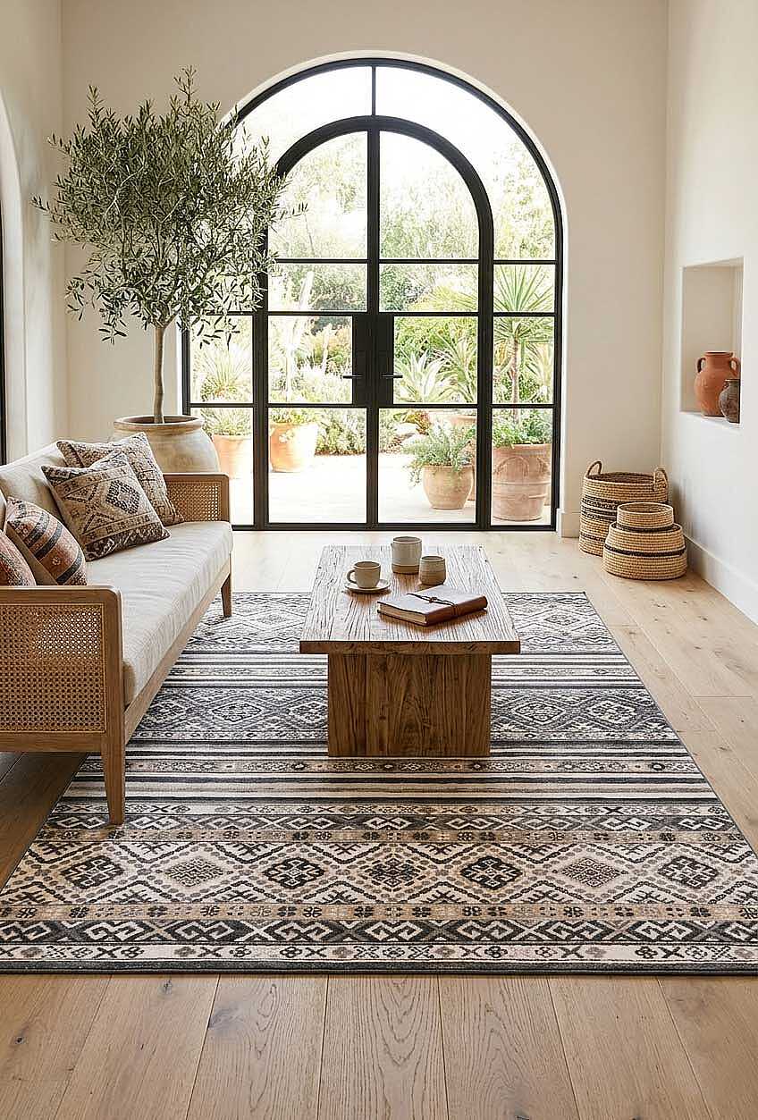 Etnik Kilim Desenli Pamuk Taban Yıkanabilir Baskılı Dekoratif Halı Gri