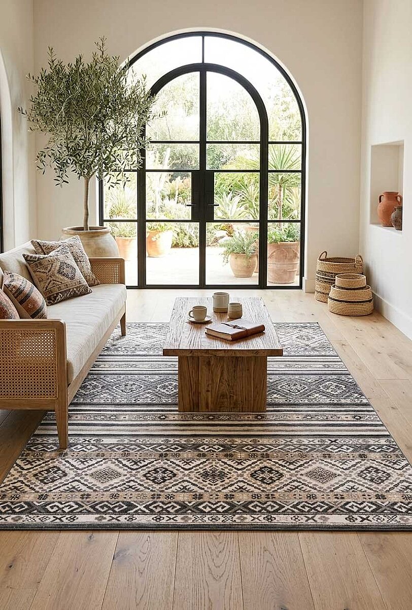 Etnik Kilim Desenli Pamuk Taban Yıkanabilir Baskılı Dekoratif Halı Gri 