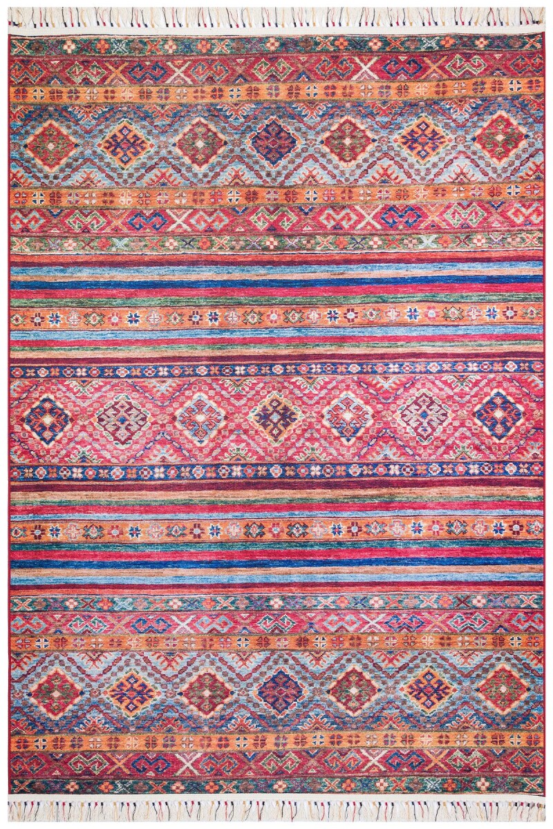Etnik Kilim Desenli Pamuk Taban Yıkanabilir Baskılı Dekoratif Halı Kırmızı - 1