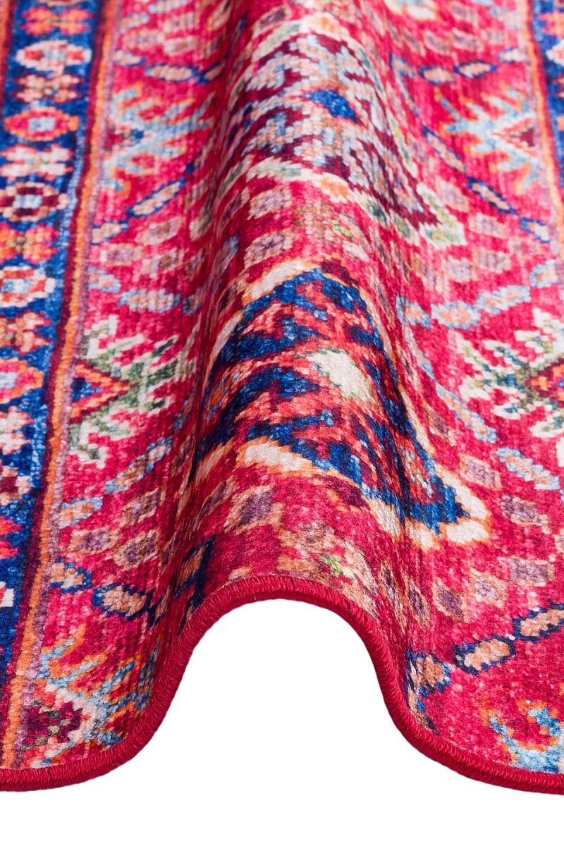 Etnik Kilim Desenli Pamuk Taban Yıkanabilir Baskılı Dekoratif Halı Kırmızı - 3