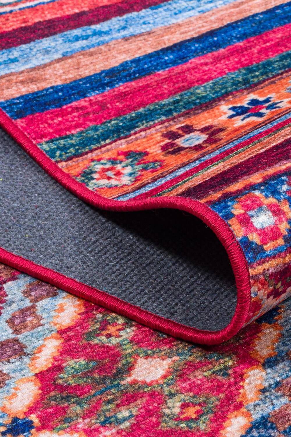 Etnik Kilim Desenli Pamuk Taban Yıkanabilir Baskılı Dekoratif Halı Kırmızı - 4