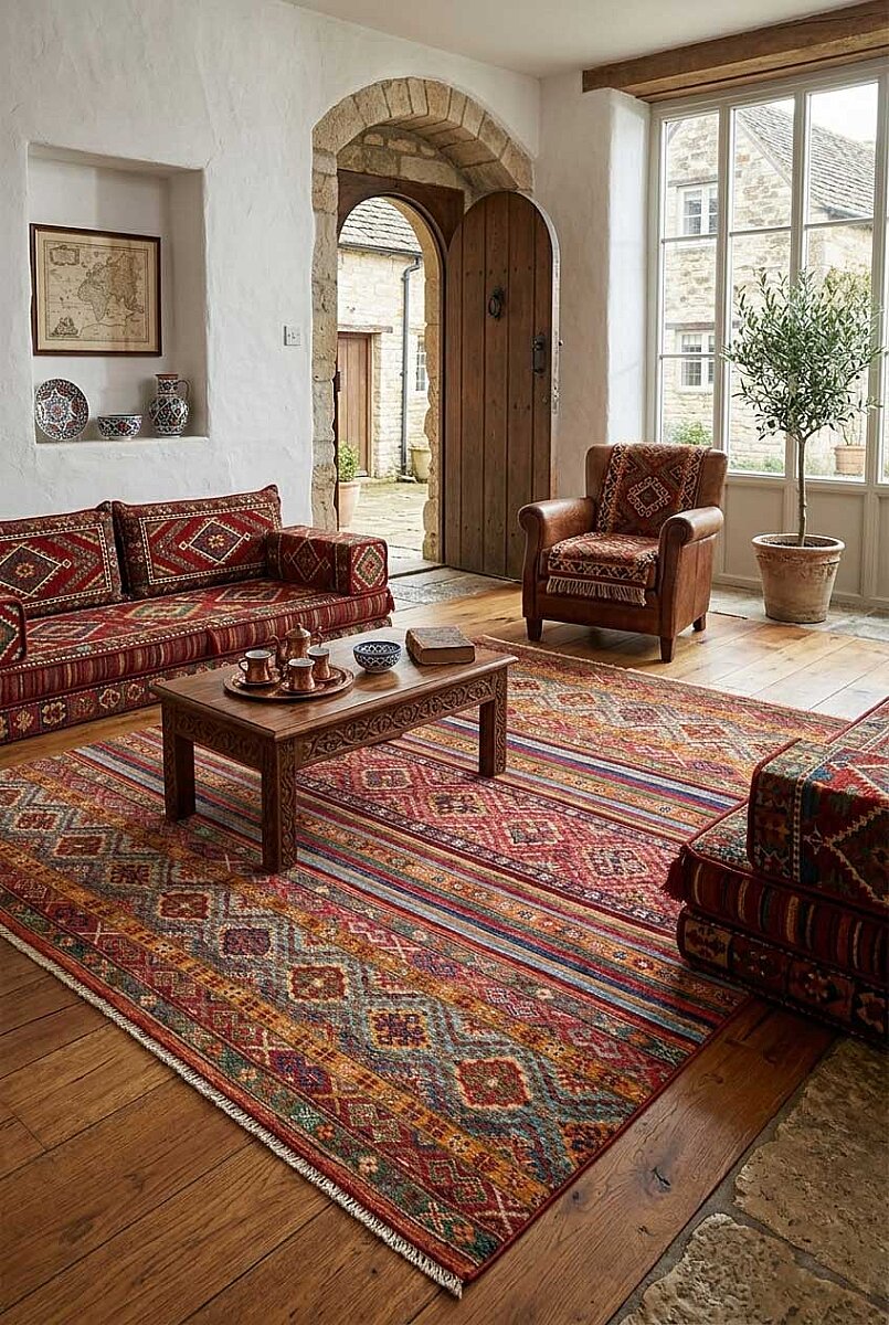 Etnik Kilim Desenli Pamuk Taban Yıkanabilir Baskılı Dekoratif Halı Kırmızı - Frenda