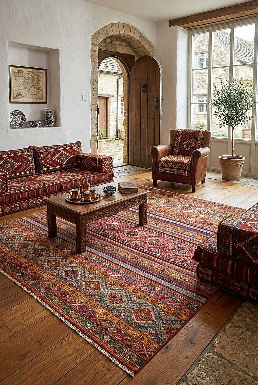 Etnik Kilim Desenli Pamuk Taban Yıkanabilir Baskılı Dekoratif Halı Kırmızı - 1