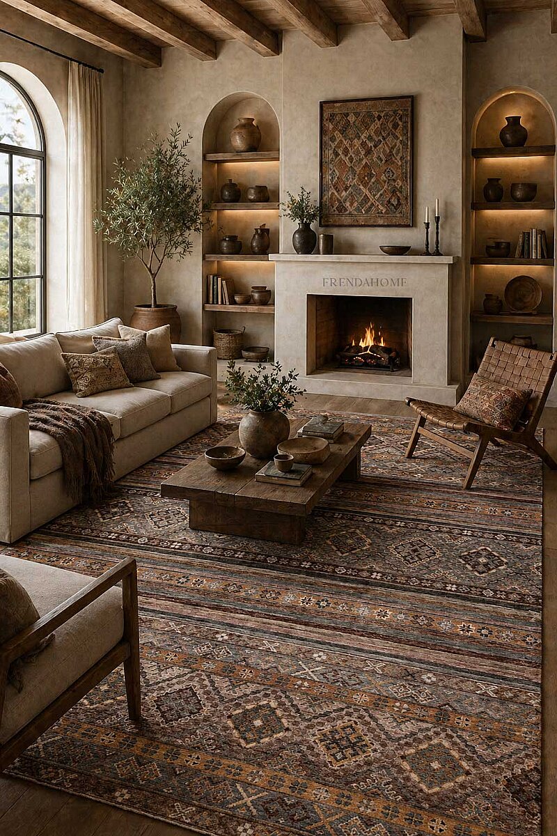 Etnik Kilim Desenli Pamuk Taban Yıkanabilir Baskılı Dekoratif Halı Vizon 