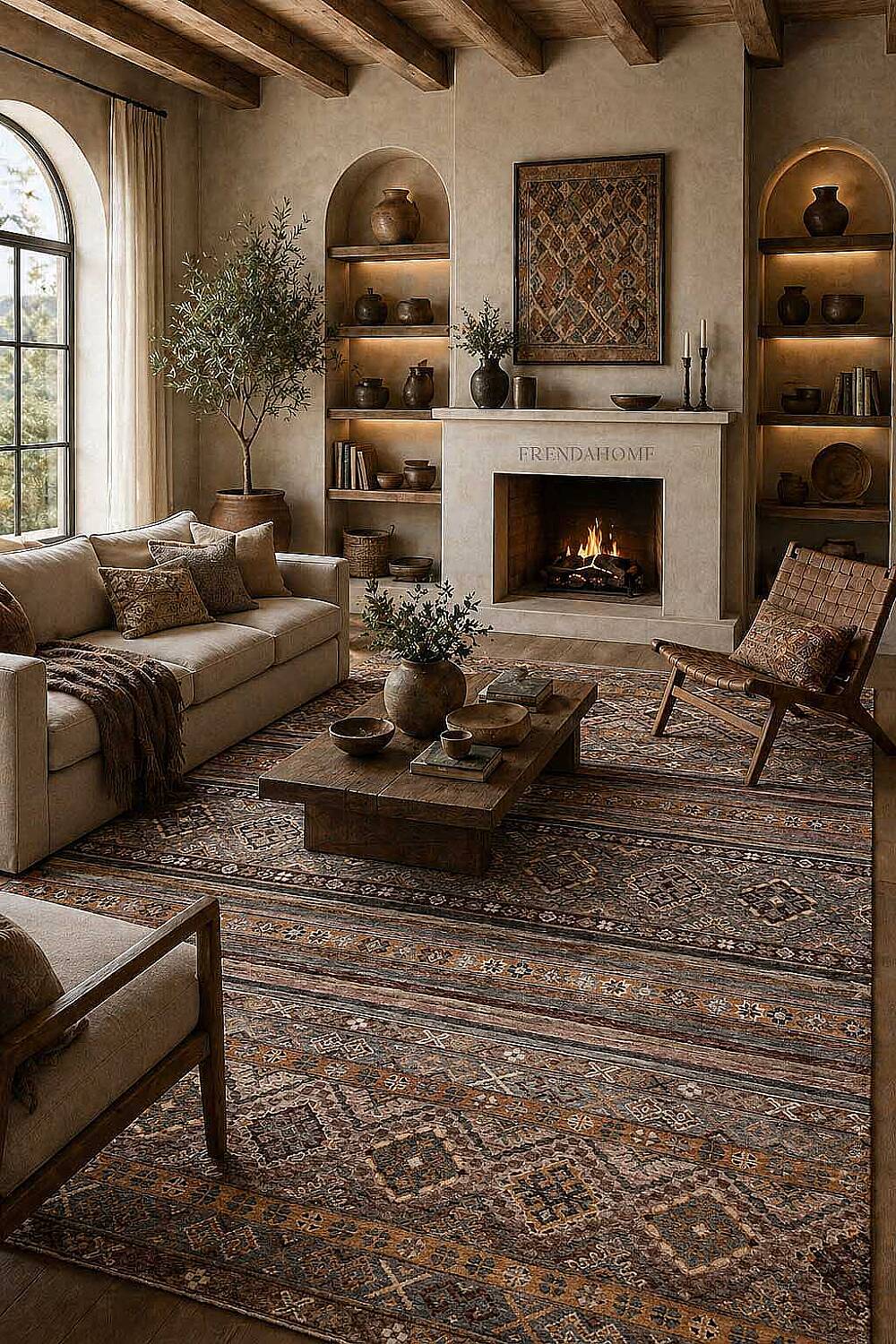 Etnik Kilim Desenli Pamuk Taban Yıkanabilir Baskılı Dekoratif Halı Vizon - 1