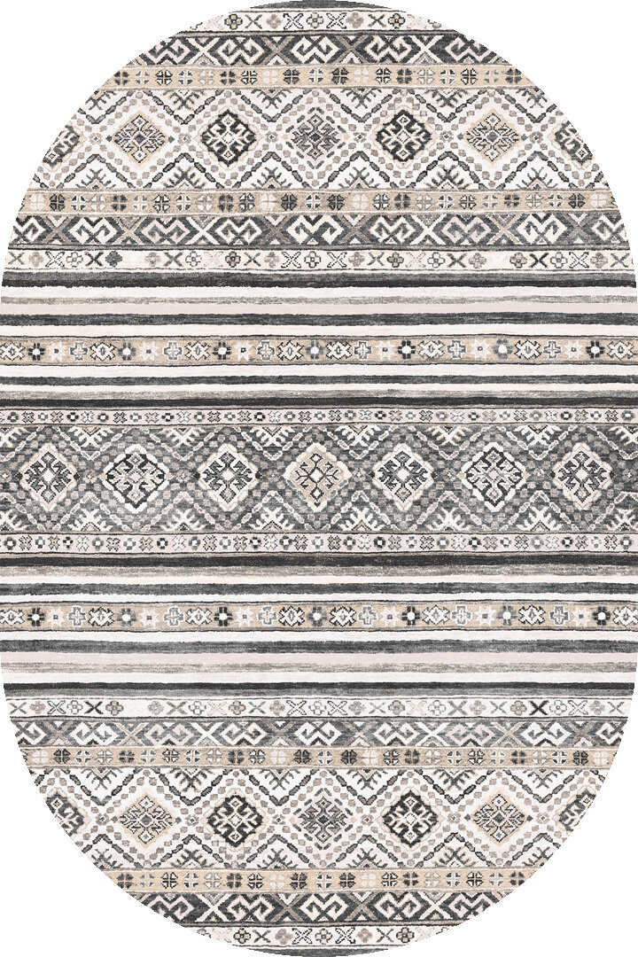 Etnik Kilim Desenli Pamuk Taban Yıkanabilir Baskılı Dekoratif Oval Halı Gri 