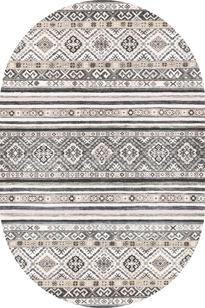 Etnik Kilim Desenli Pamuk Taban Yıkanabilir Baskılı Dekoratif Oval Halı Gri - 1