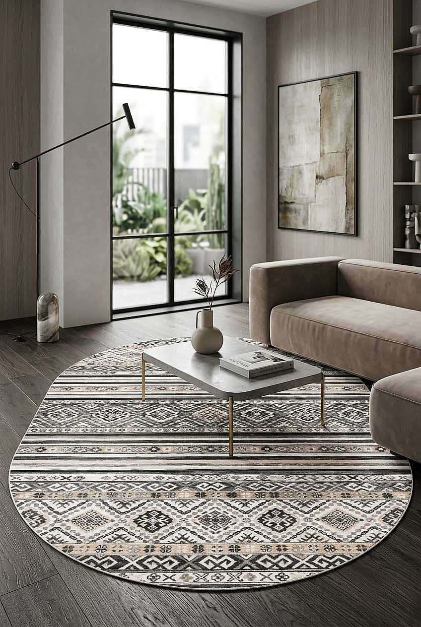 Etnik Kilim Desenli Pamuk Taban Yıkanabilir Baskılı Dekoratif Oval Halı Gri