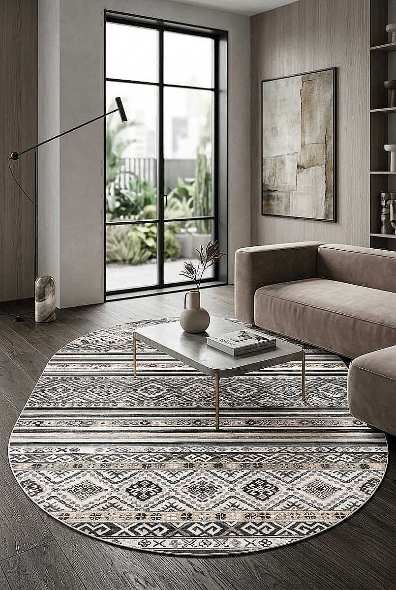 Etnik Kilim Desenli Pamuk Taban Yıkanabilir Baskılı Dekoratif Oval Halı Gri 
