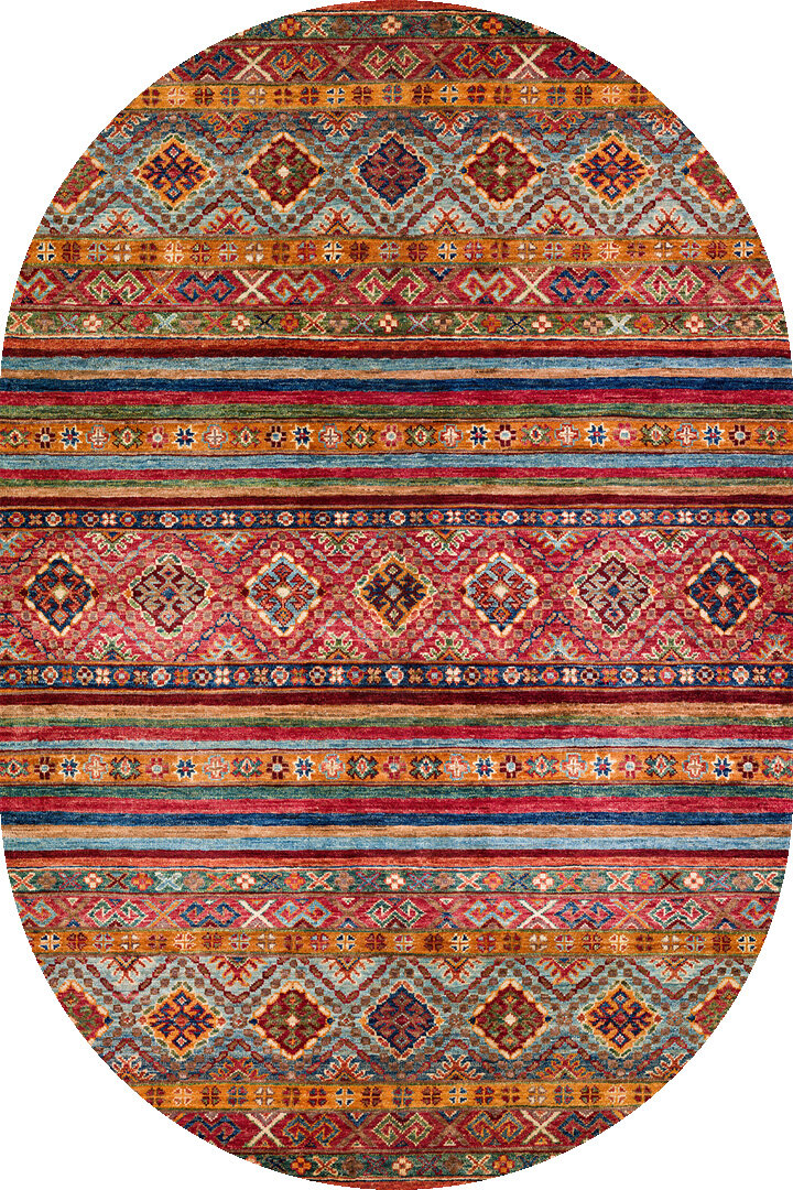 Etnik Kilim Desenli Pamuk Taban Yıkanabilir Baskılı Dekoratif Oval Halı Kırmızı 