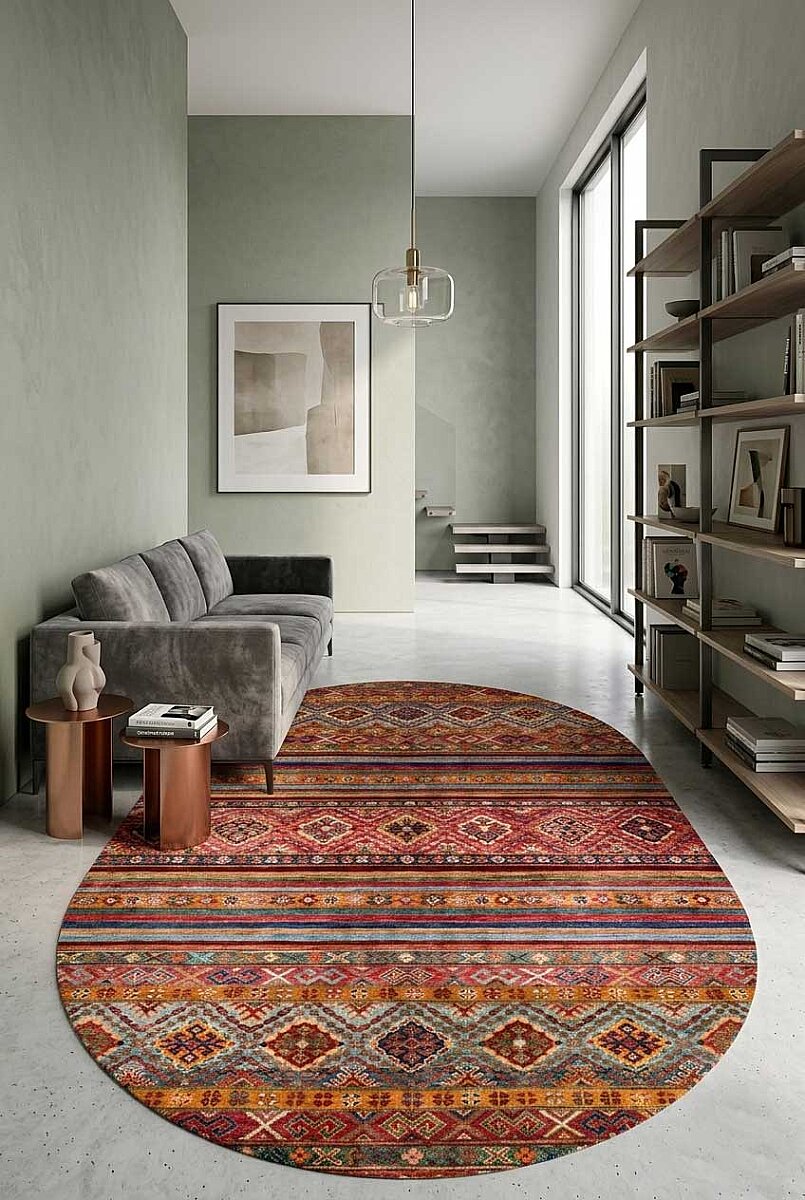 Etnik Kilim Desenli Pamuk Taban Yıkanabilir Baskılı Dekoratif Oval Halı Kırmızı 