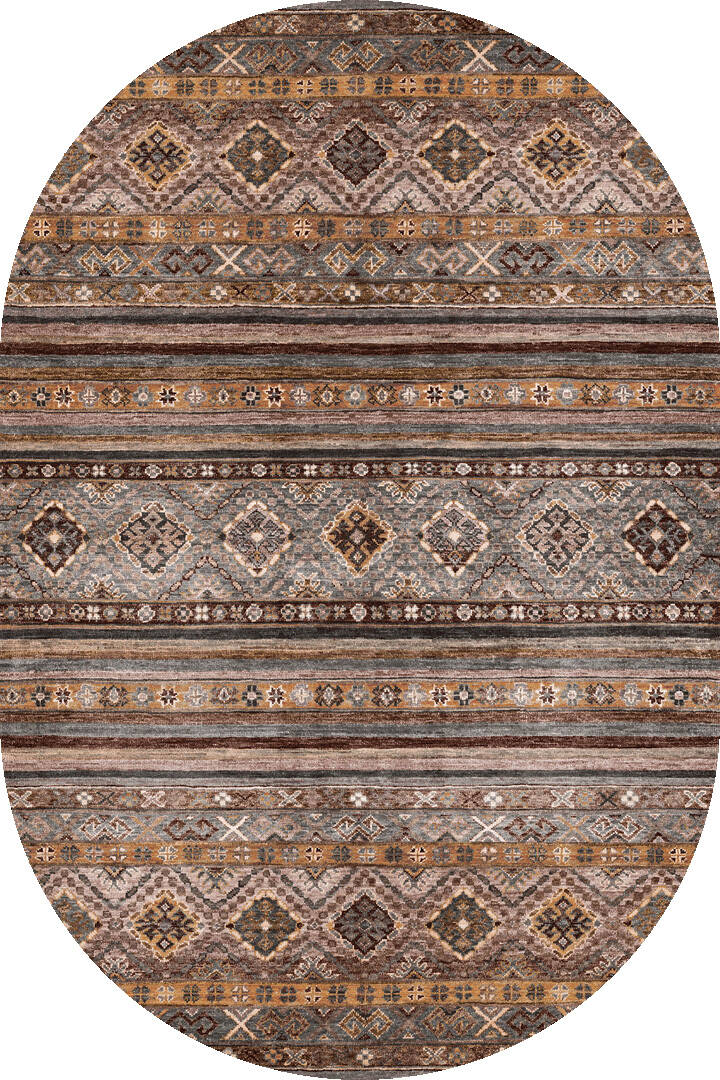 Etnik Kilim Desenli Pamuk Taban Yıkanabilir Baskılı Dekoratif Oval Halı Vizon - 1