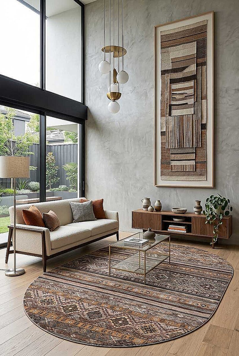 Etnik Kilim Desenli Pamuk Taban Yıkanabilir Baskılı Dekoratif Oval Halı Vizon 