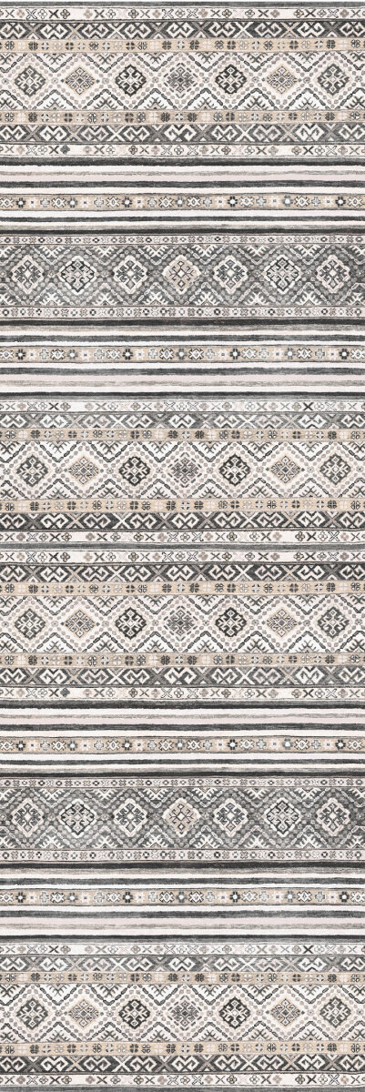 Etnik Kilim Desenli Pamuk Taban Yıkanabilir Baskılı Dekoratif Yolluk Halı Gri - 2