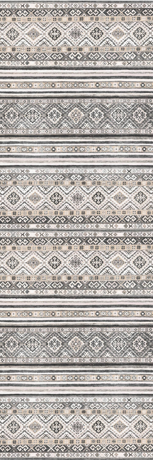 Etnik Kilim Desenli Pamuk Taban Yıkanabilir Baskılı Dekoratif Yolluk Halı Gri - 2