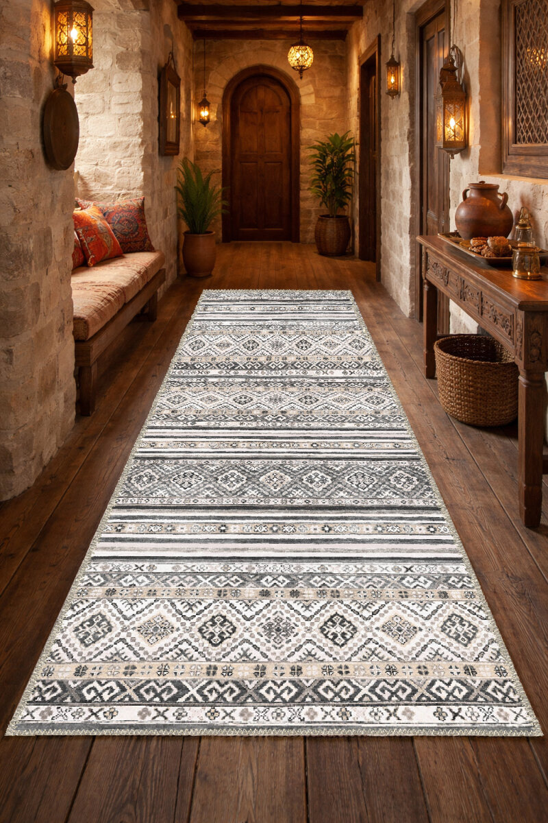Etnik Kilim Desenli Pamuk Taban Yıkanabilir Baskılı Dekoratif Yolluk Halı Gri 