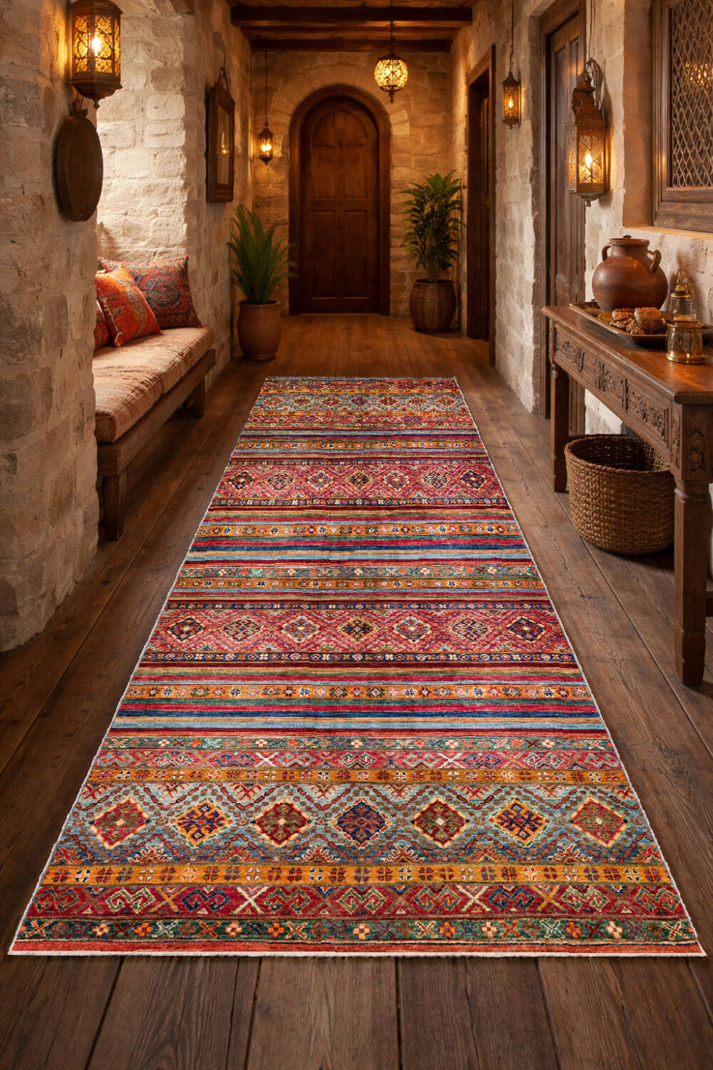 Etnik Kilim Desenli Pamuk Taban Yıkanabilir Baskılı Dekoratif Yolluk Halı Kırmızı - 1