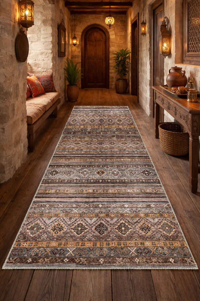 Etnik Kilim Desenli Pamuk Taban Yıkanabilir Baskılı Dekoratif Yolluk Halı Vizon 