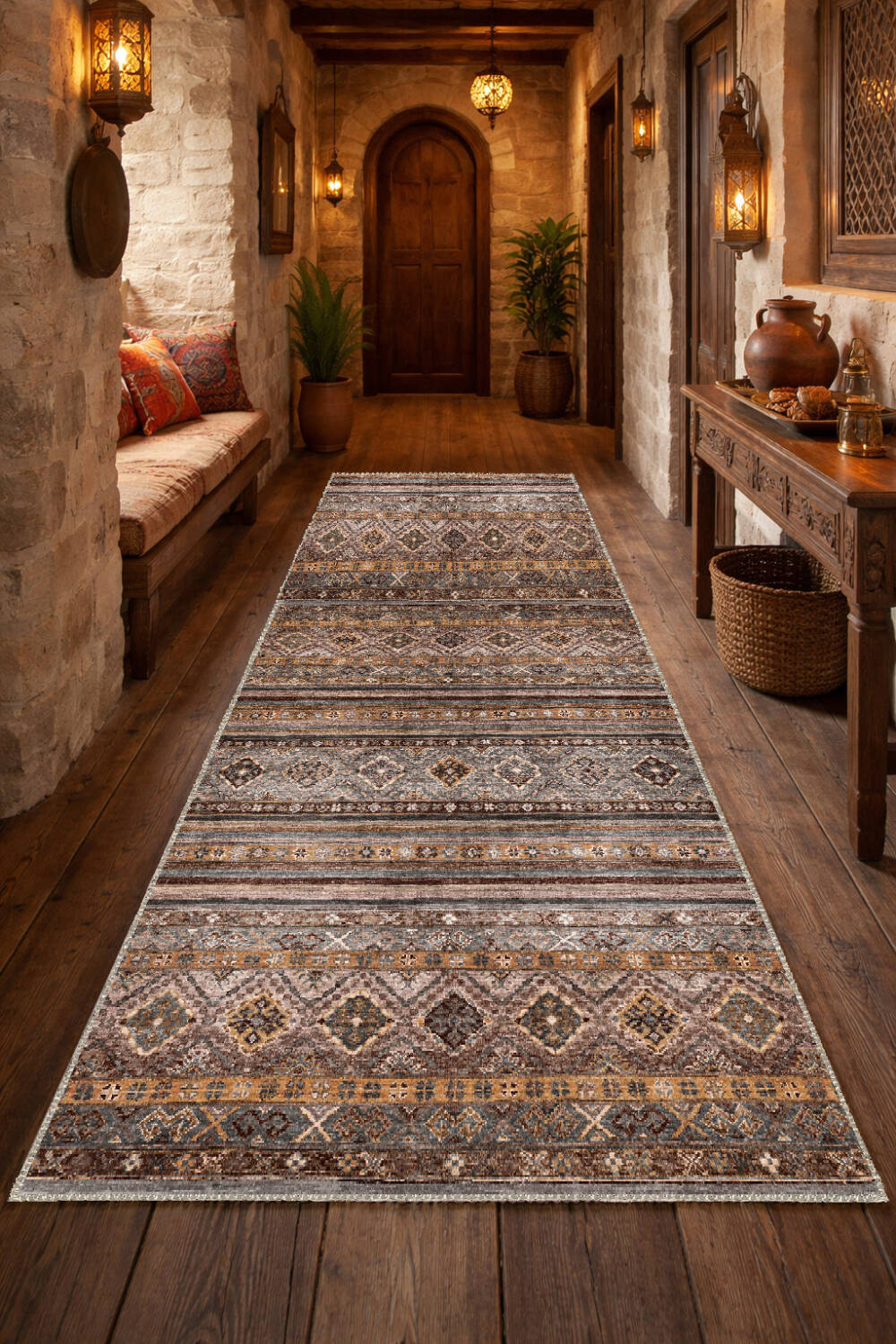 Etnik Kilim Desenli Pamuk Taban Yıkanabilir Baskılı Dekoratif Yolluk Halı Vizon - 1