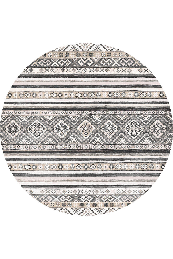 Etnik Kilim Desenli Pamuk Taban Yıkanabilir Baskılı Dekoratif Yuvarlak Halı Gri 