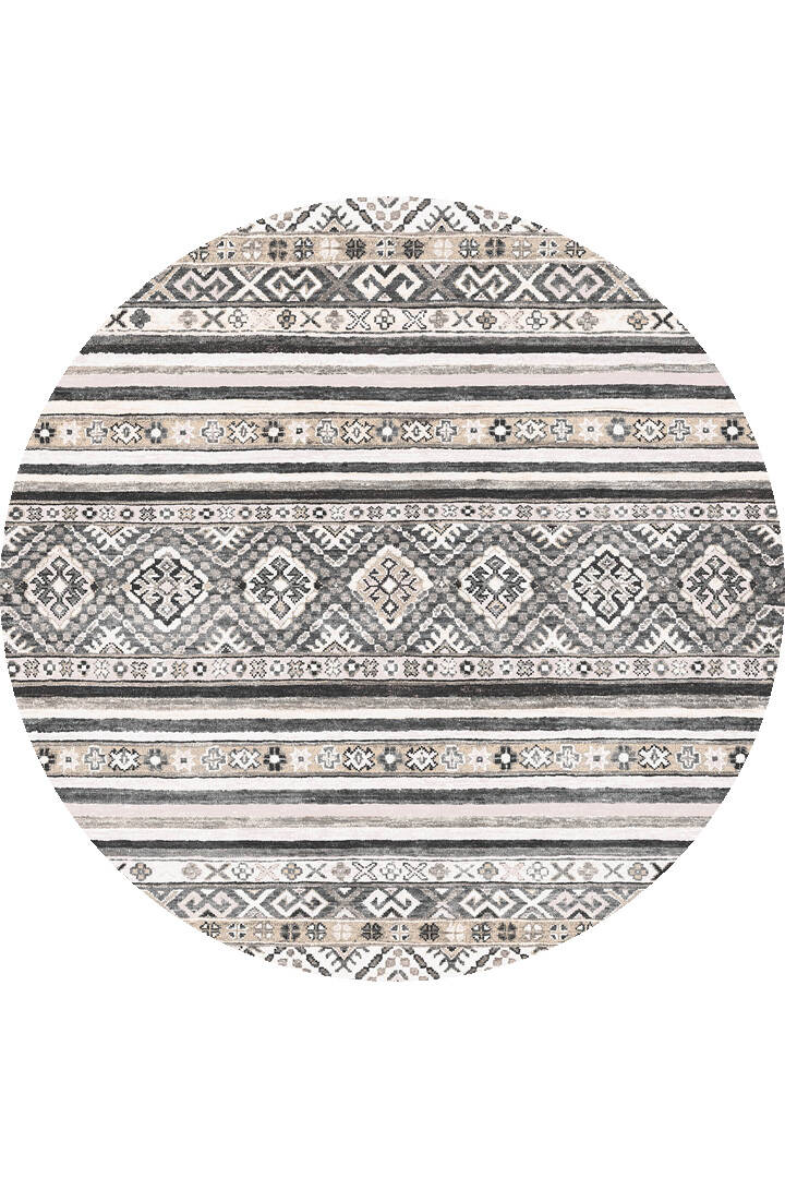 Etnik Kilim Desenli Pamuk Taban Yıkanabilir Baskılı Dekoratif Yuvarlak Halı Gri - 1