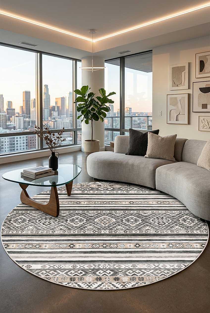 Etnik Kilim Desenli Pamuk Taban Yıkanabilir Baskılı Dekoratif Yuvarlak Halı Gri