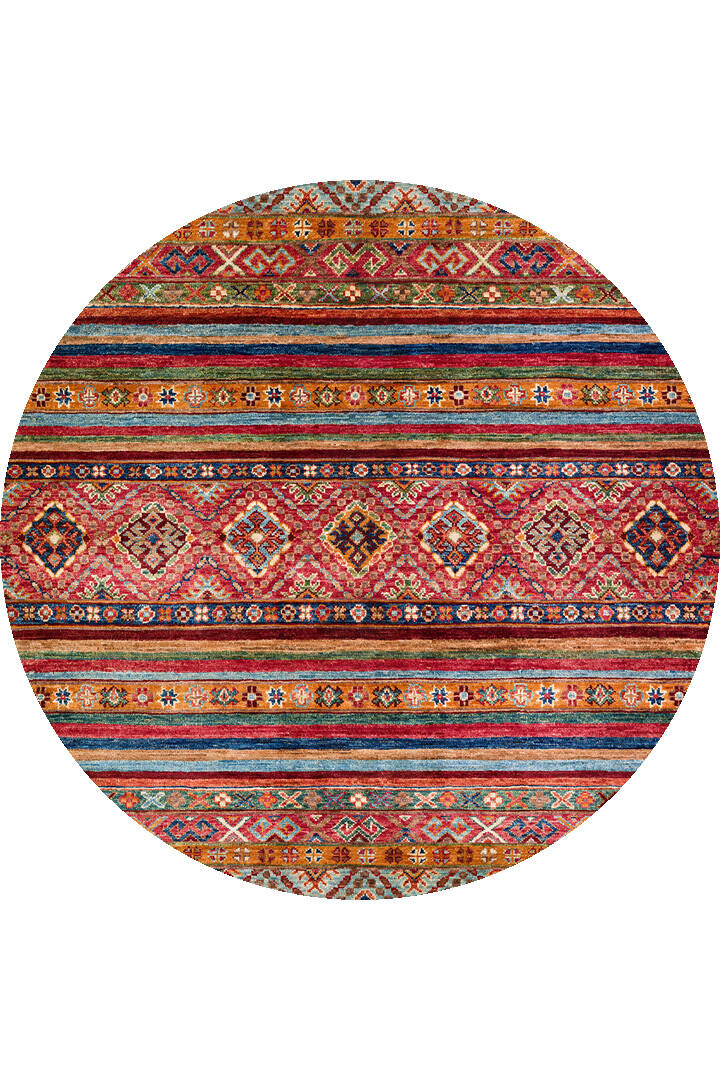 Etnik Kilim Desenli Pamuk Taban Yıkanabilir Baskılı Dekoratif Yuvarlak Halı Kırmızı - 1