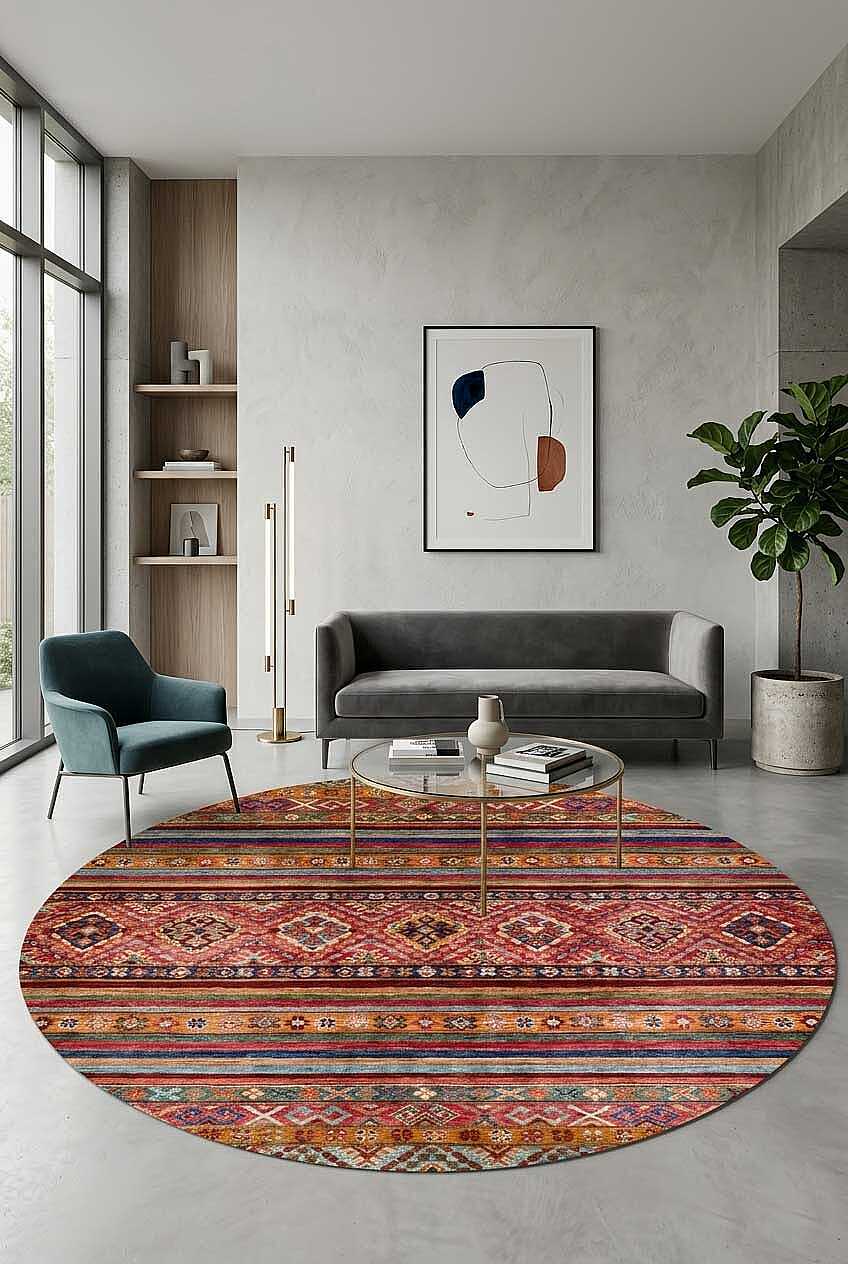 Etnik Kilim Desenli Pamuk Taban Yıkanabilir Baskılı Dekoratif Yuvarlak Halı Kırmızı
