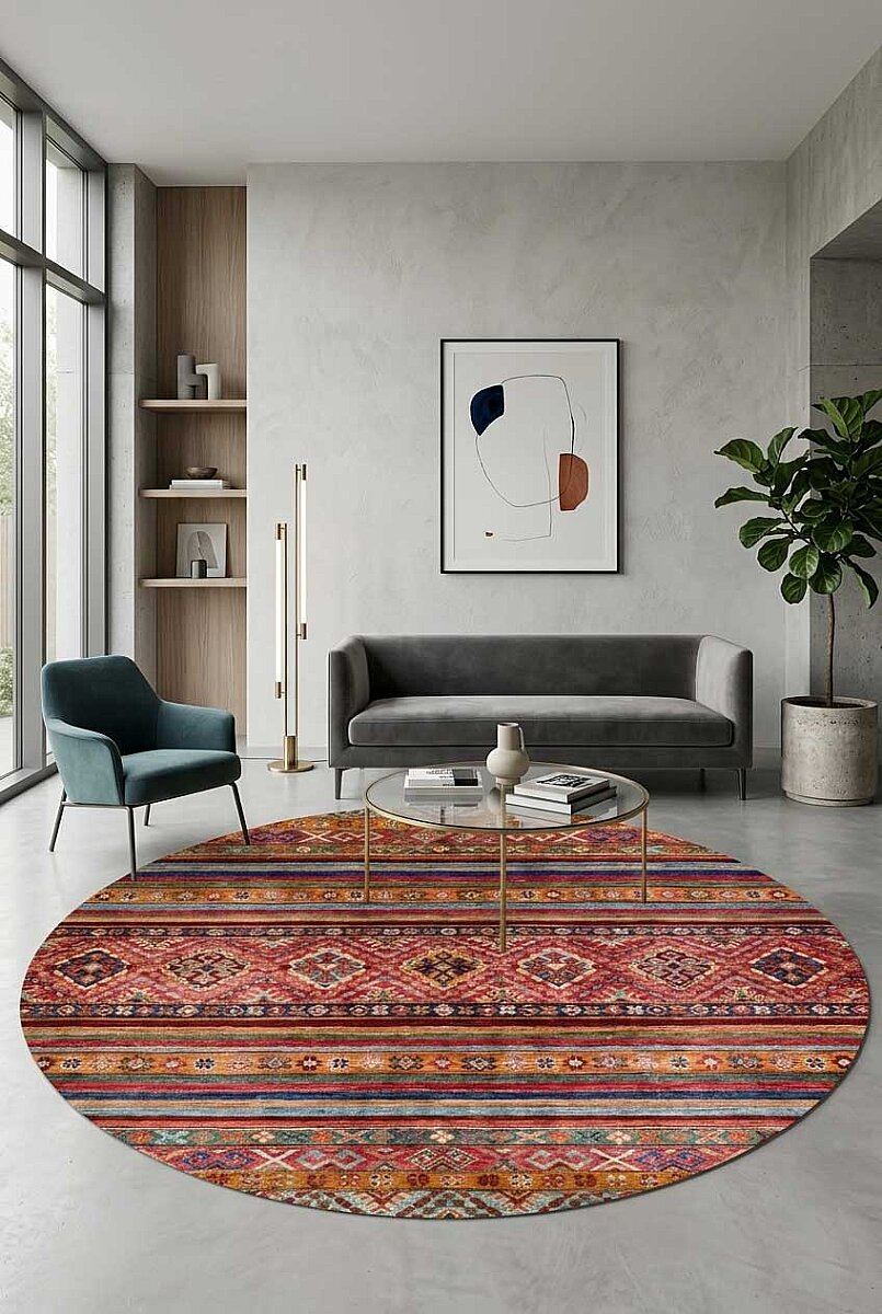 Etnik Kilim Desenli Pamuk Taban Yıkanabilir Baskılı Dekoratif Yuvarlak Halı Kırmızı 