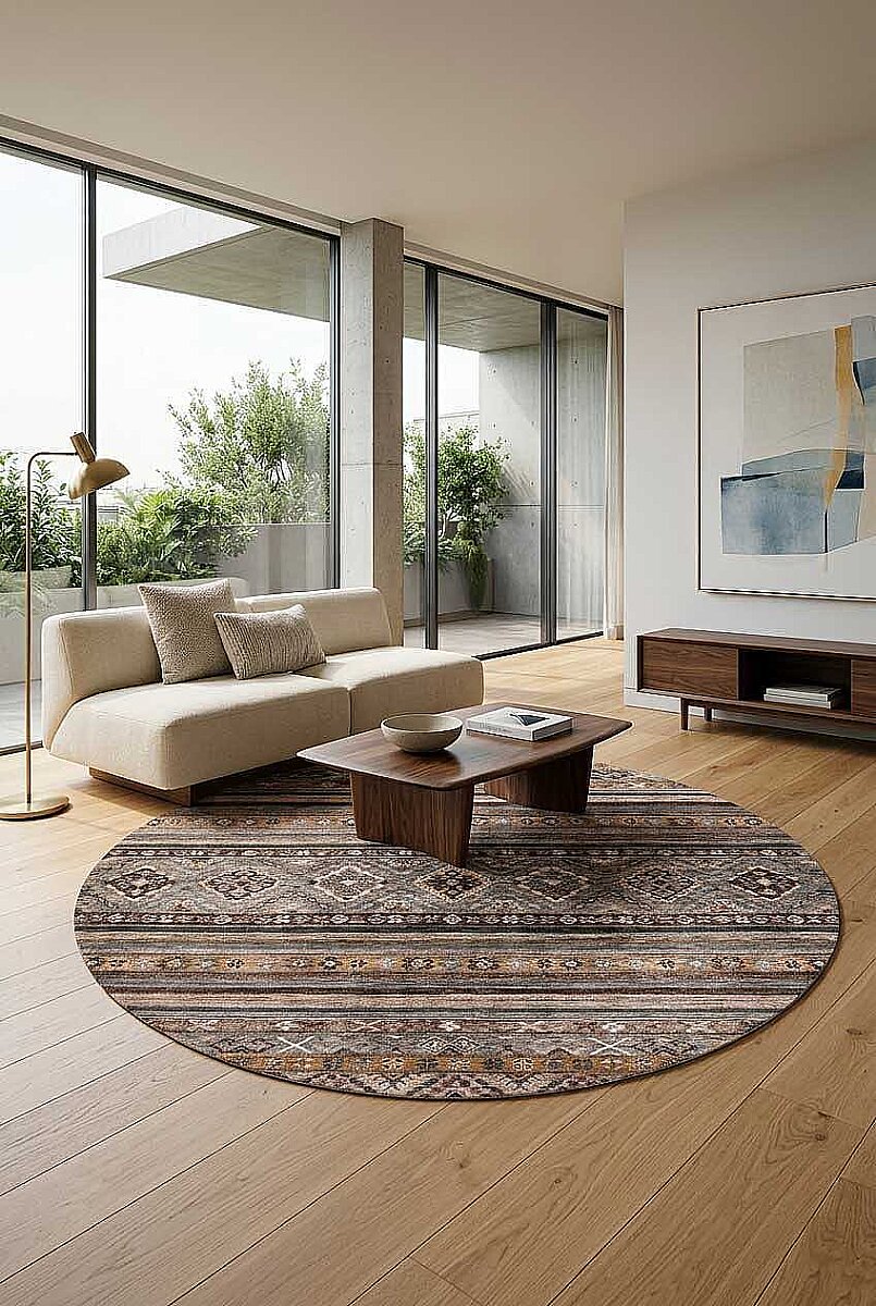 Etnik Kilim Desenli Pamuk Taban Yıkanabilir Baskılı Dekoratif Yuvarlak Halı Vizon 