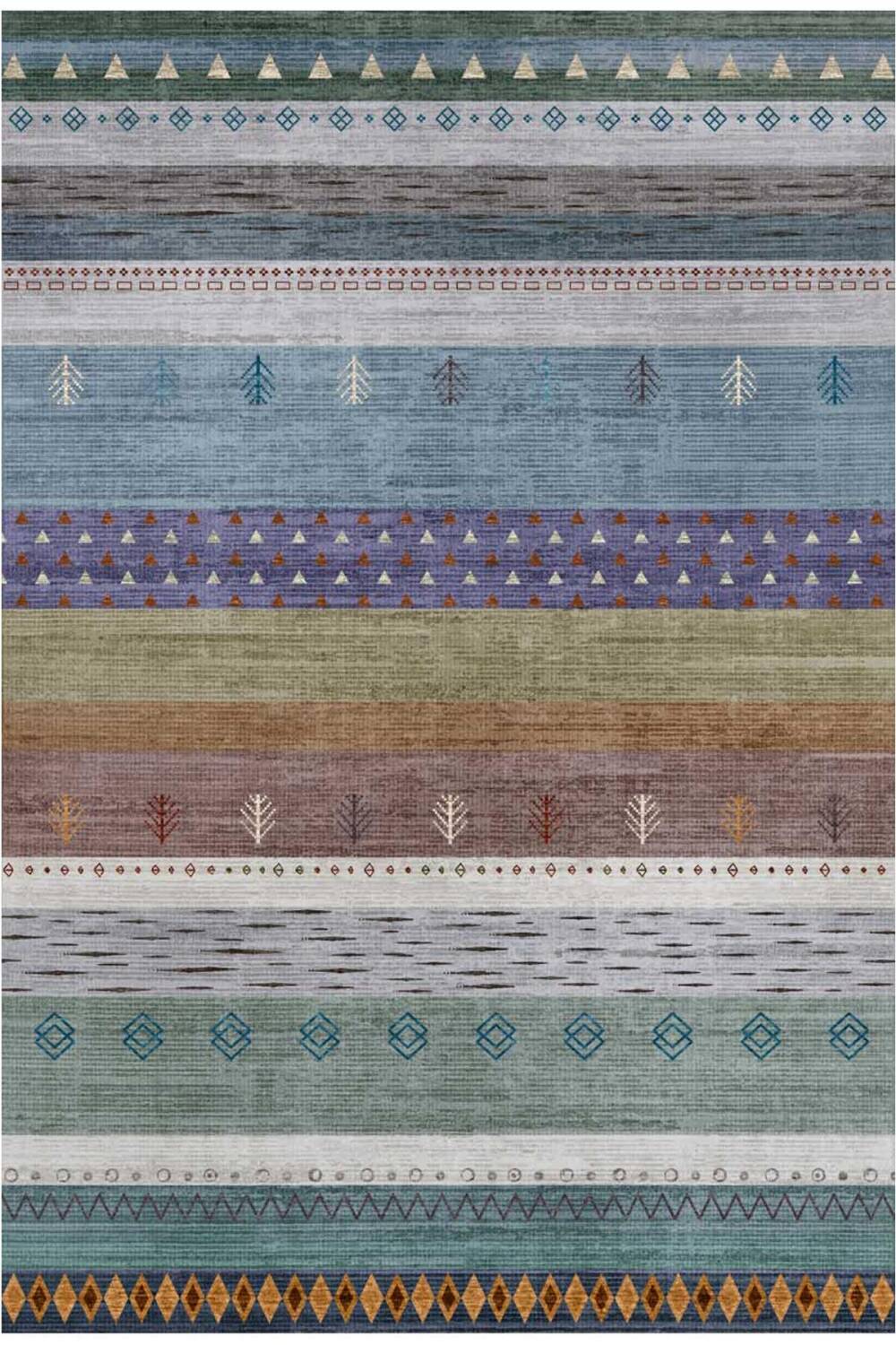 Etnik Kilim Desenli Pamuk Taban Yıkanabilir Baskılı Halı Mavi - 1