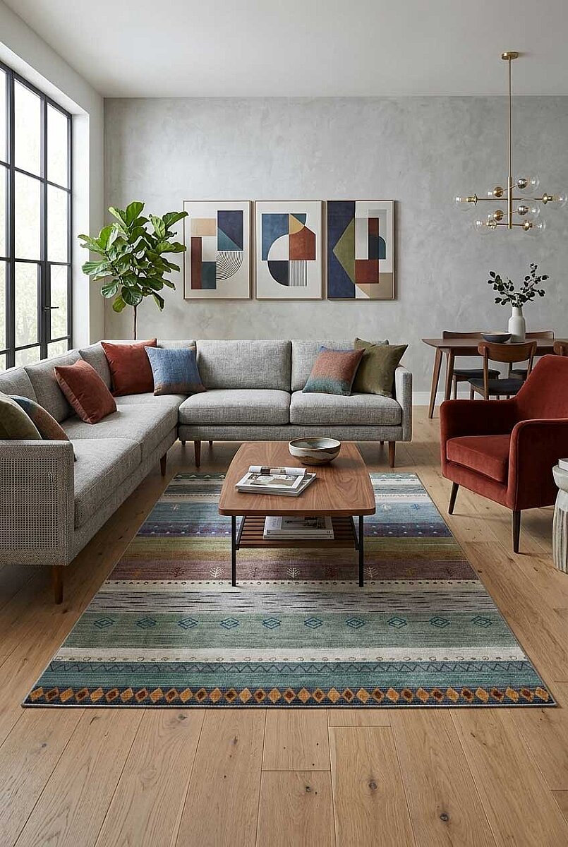 Etnik Kilim Desenli Pamuk Taban Yıkanabilir Baskılı Halı Mavi - Frenda