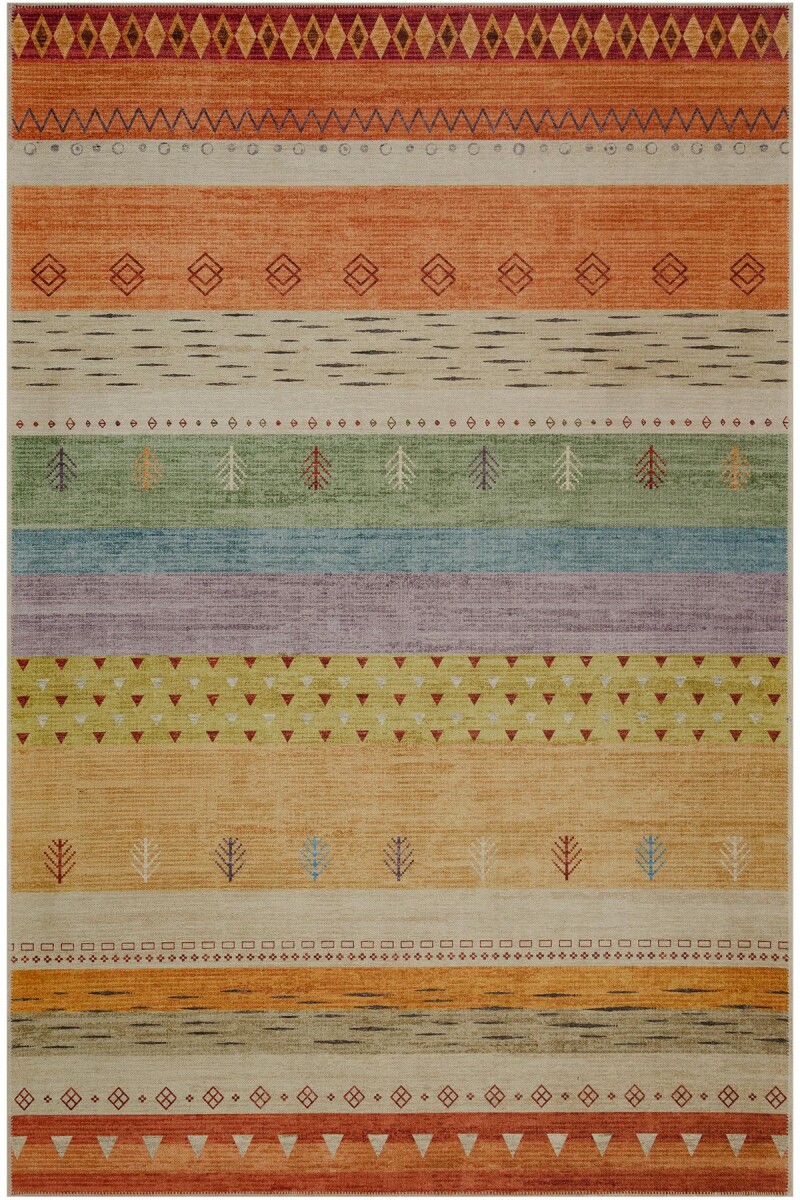 Etnik Kilim Desenli Pamuk Taban Yıkanabilir Baskılı Halı Turuncu 